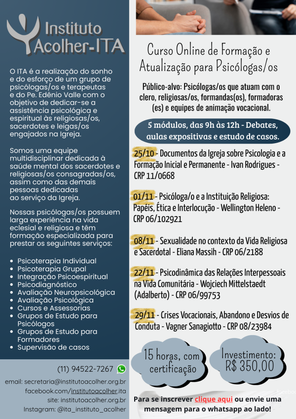 Formação para psicólogas/os: Psicologia a serviço da Vida Presbiteral e Consagrada