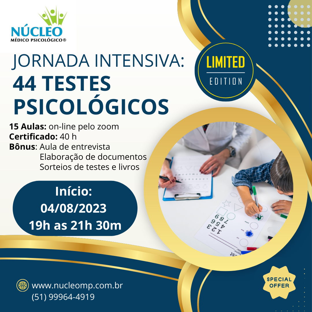 1° Jornada Intensiva de Testes Psicológicos - 40h - bônus e valor especial - Edição Limitada