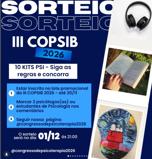 Participe do COPSIB 2026 + concorra a kits incríveis de livros físicos e acessórios pro seu setting clínico digital